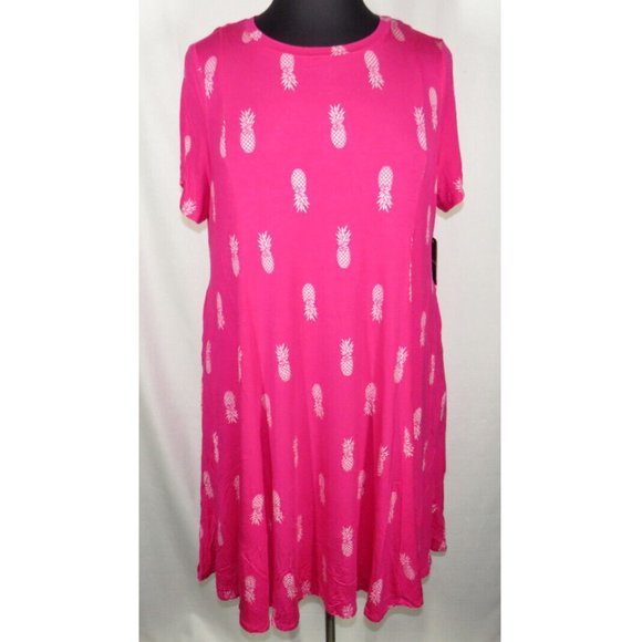 Torrid Plus Size 1X Pink Pineapple Print Short Sleeve Dress, Pockets, Super Soft - Picture 2 of 8